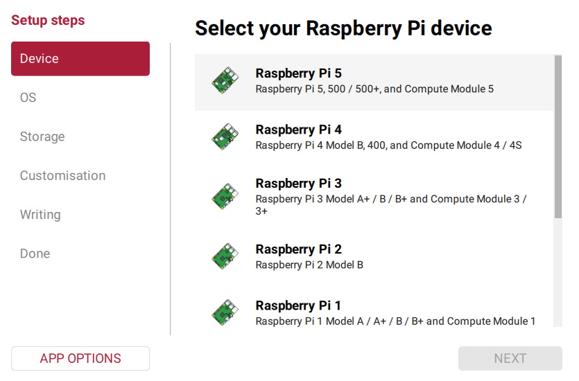 Device selection in Raspberry Pi Imager