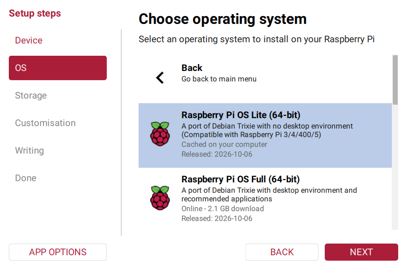 Raspberry Pi OS Lite 64-bit selected