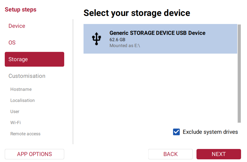 Storage selection with the example card at E drive