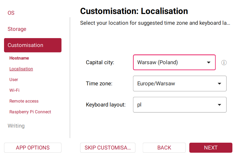 Localisation with time zone and keyboard layout
