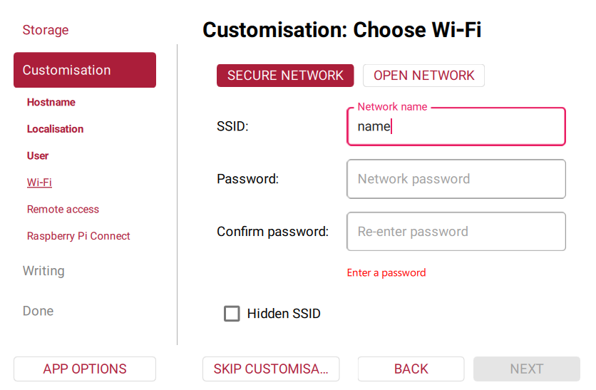 Wi-Fi SSID and password screen