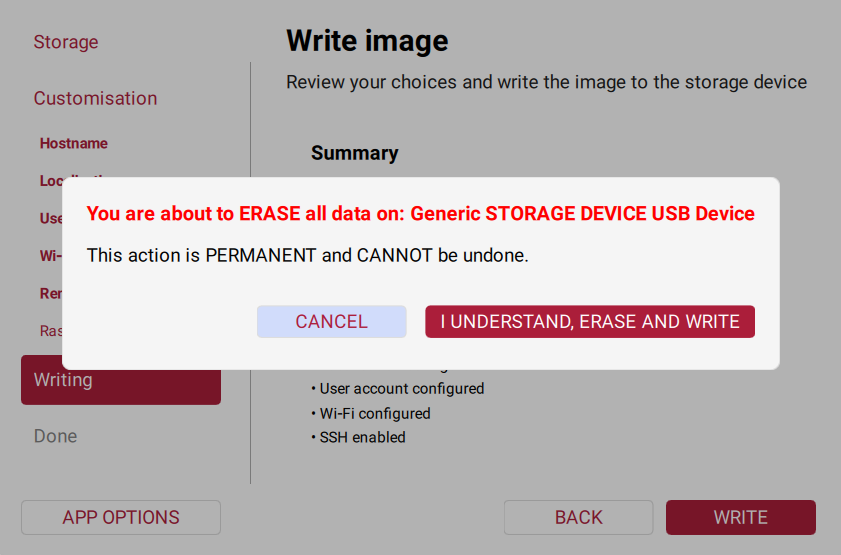Erase and write confirmation dialog