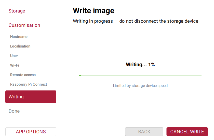 Writing progress in Raspberry Pi Imager