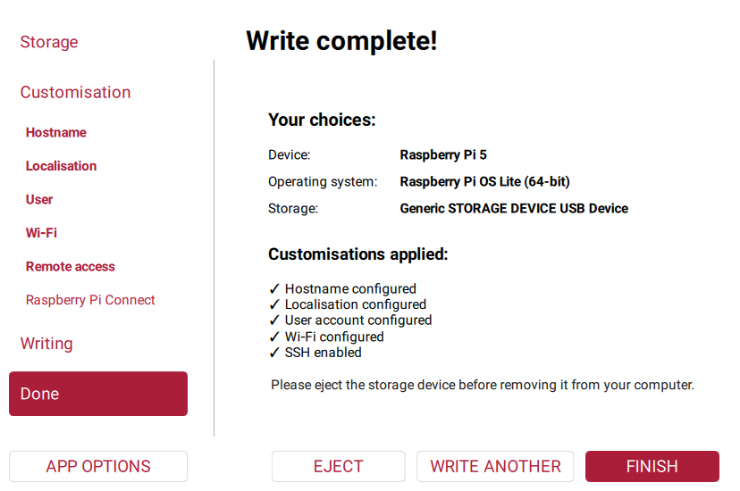 Imager write complete screen with Eject button